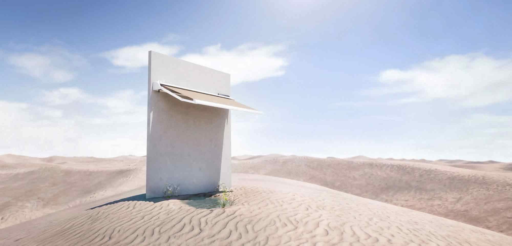 広大な砂漠に立つ、太陽光で自動開閉する次世代型オーニング